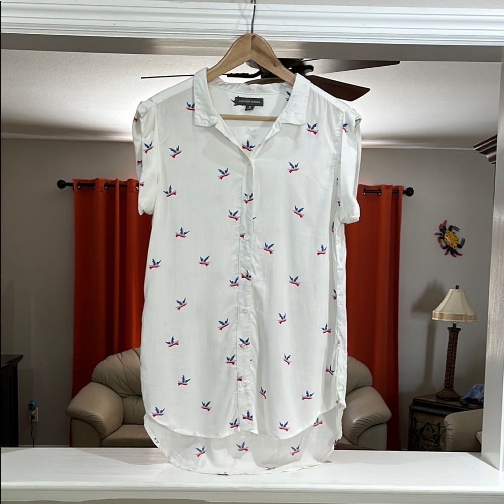 Alexander Jordan High/Low White Bird Print Button Up Blouse Size M